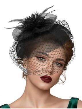 Black Feathered Fascinator Hat with Veil - Women Accessories